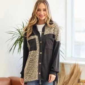 Soft Brushed Colorblock Leopard Shacket Button Up Shirt